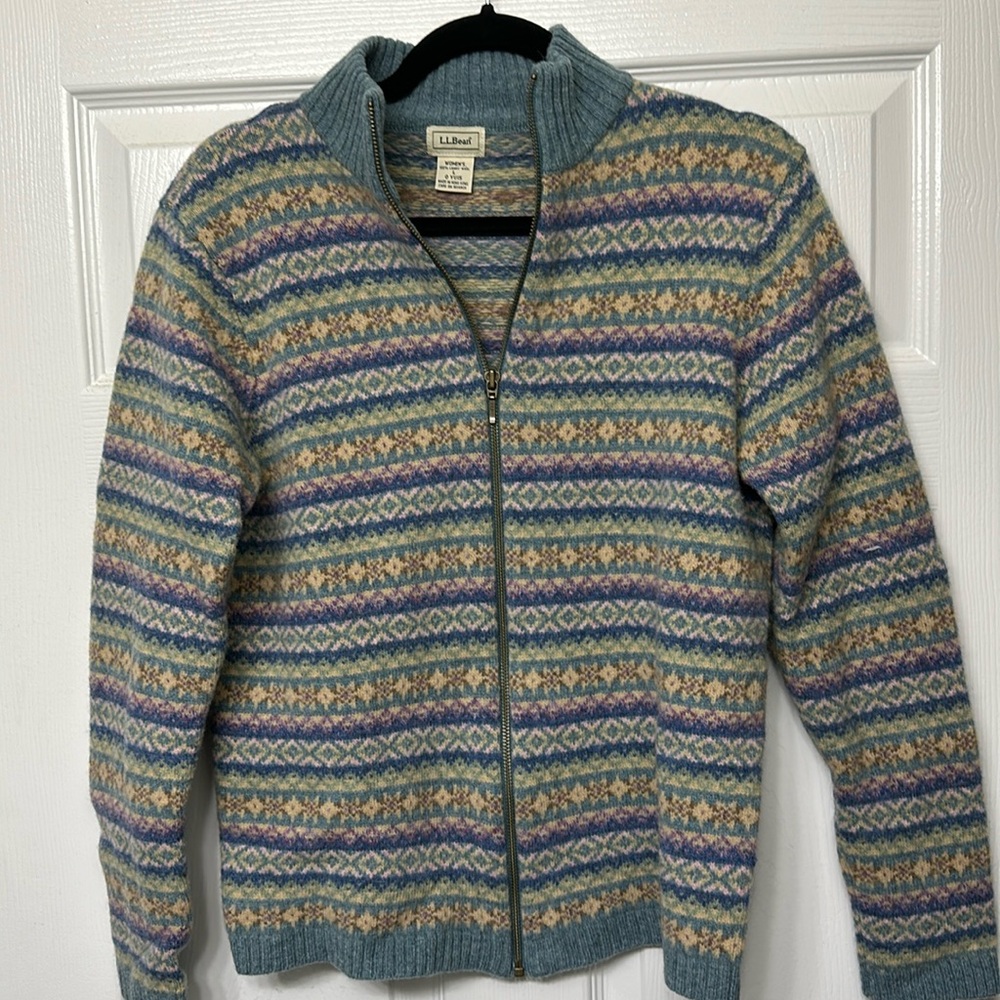 LL Bean Fair Isle Zip Sweater 100% Lambs Wool